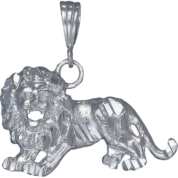 Sterling Silver Lion Charm Pendant Necklace with Diamond Cut Finish and 24 Inch Figaro Chain