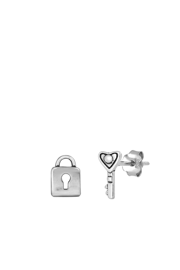 Sterling Silver Lock & Key Stud Earrings Oxidized Mismatched Set 925 New Jewelry Female Unisex