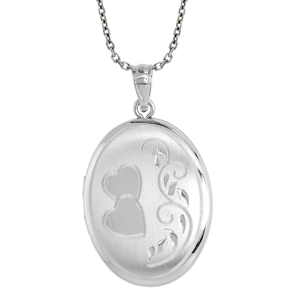 Sterling Silver Locket Necklace Oval Scroll Hearts & Scroll Motif 18 inch Boston Chain