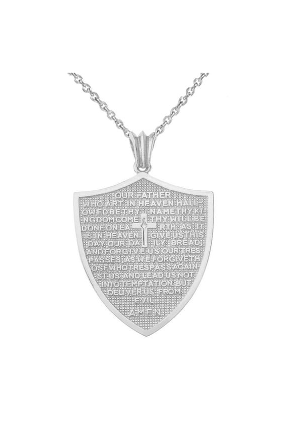 Sterling Silver Lords Prayer Shield Medallion Pendant Necklace, 16" Chain