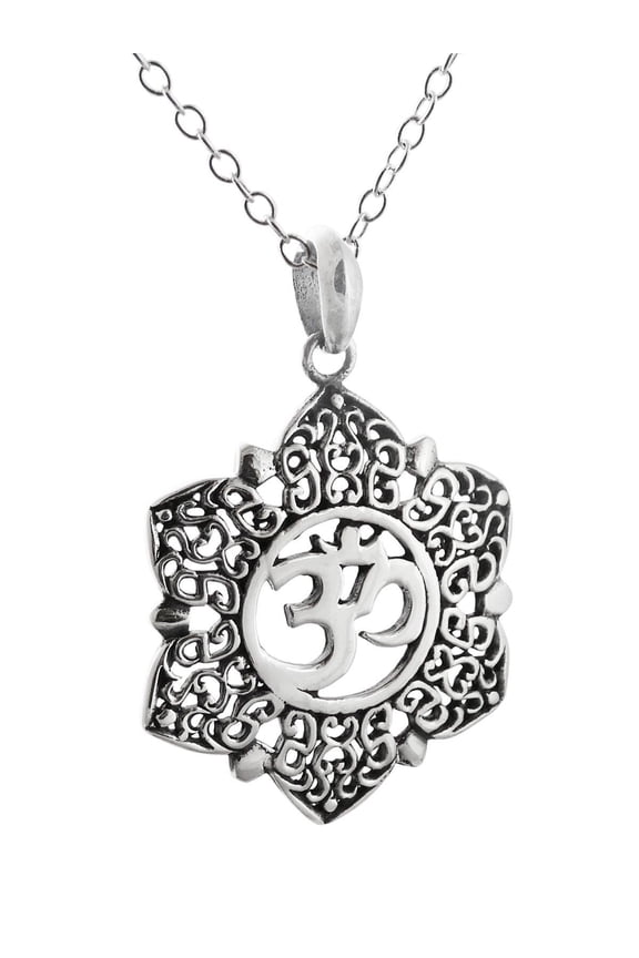 Sterling Silver Lotus Flower Om Necklace, 18" Chain