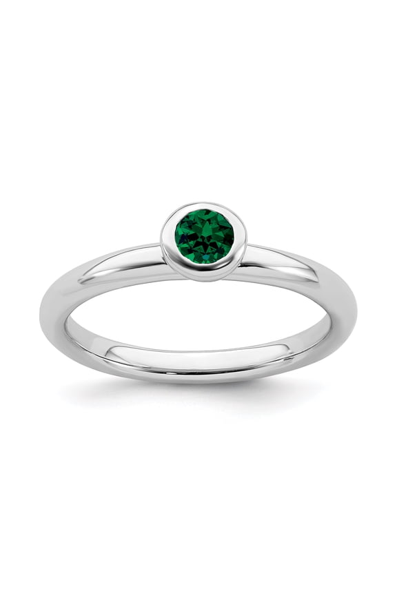 Sterling Silver Low 4mm Round Cr. Emerald Ring