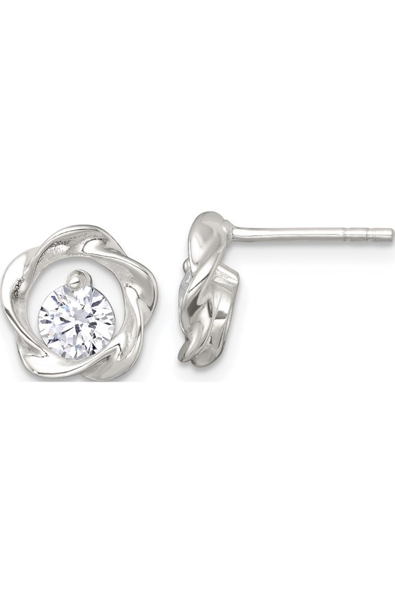 Sterling Silver Lustrous, Inspired Cubic Zirconia (Cz) White 2 Polished Cz In Twisted Circle Post Earrings