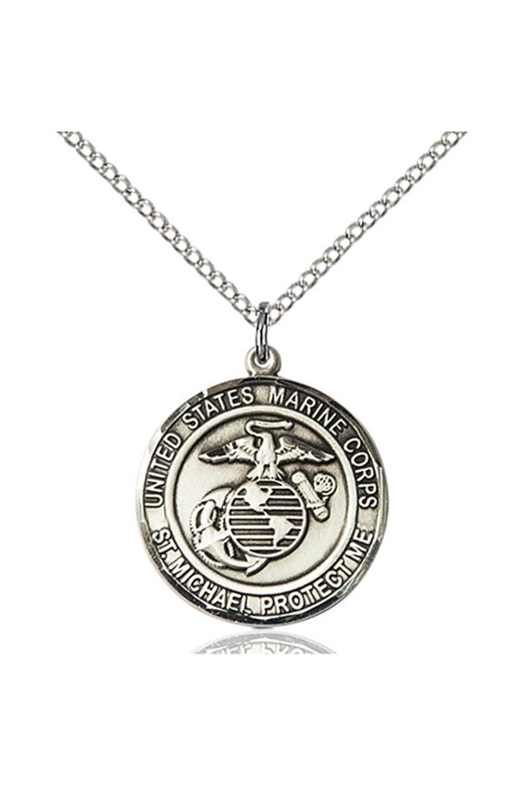Sterling Silver MARINES/ST. MICHAEL Pendant 3/4 x 3/4 inches with 18 inch Sterling Silver Curb Chain