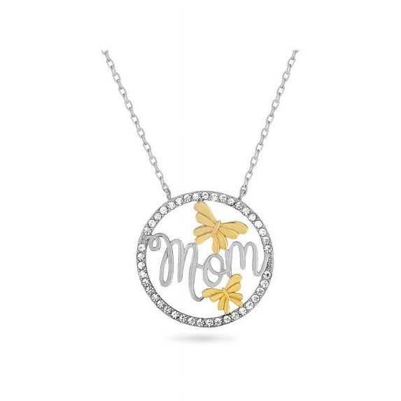 Sterling Silver MOM Circle with Gold Butterflies Crystal Necklace 18 Inches