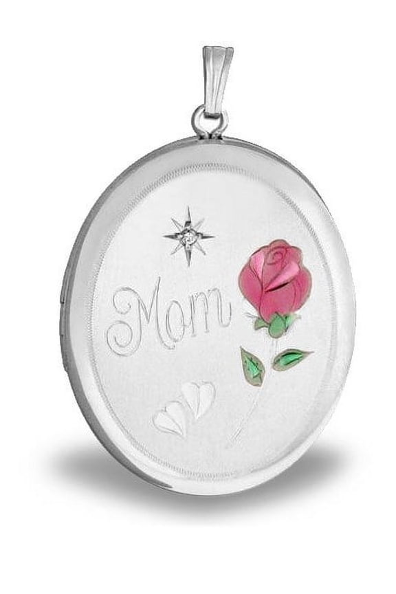 Sterling Silver "MOM -w/ Enamel Flower" Oval Locket 1 Inch X 1 1/4 Inch