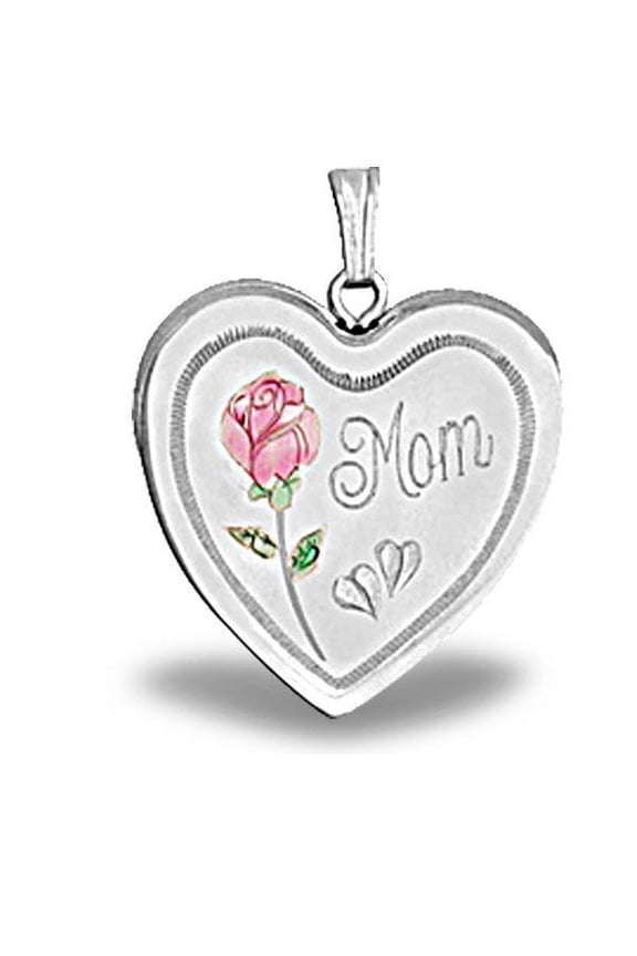 Sterling Silver "MOM with Enamel Flower " Heart Locket - 1 Inch X 1 Inch
