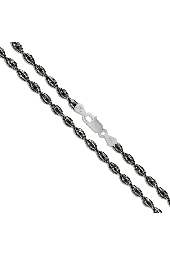 Sterling Silver Magic Twist Rope Chain 3.5mm 925 Italy Black Rhodium 2-Tone Bracelet 8" Jewelry Female