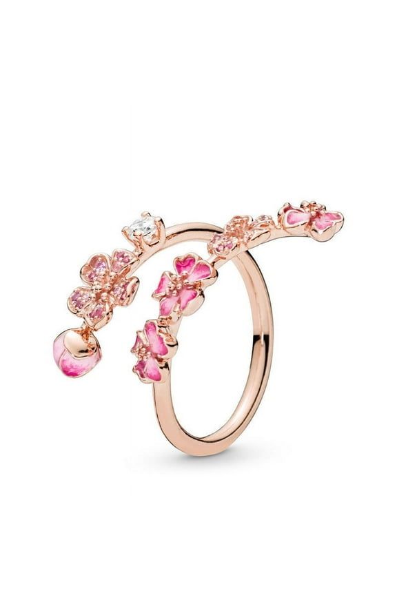 Womens Sterling Silver Magnolia Ring Korean Geometric Design with Micro Inlay Gemstones Flower Jewelry for Her