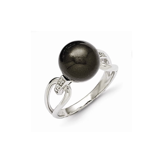Sterling Silver Majestik 10-11mm Black Shell Bead & CZ Ring
