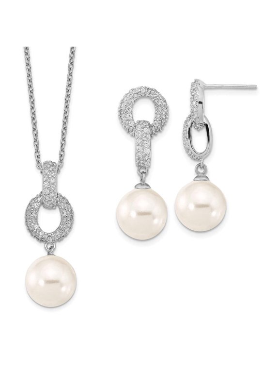 Majestik Sterling Silver Rhodium-plated 10-11mm White Imitation Shell Pearl and CZ Earrings and 17 inch Necklace Set