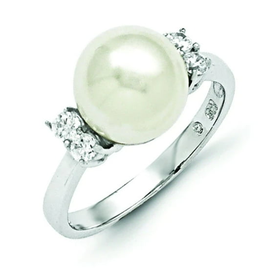 Majestik Sterling Silver Rhodium-plated Size 7 10-11mm White Imitation Shell Pearl and CZ Ring