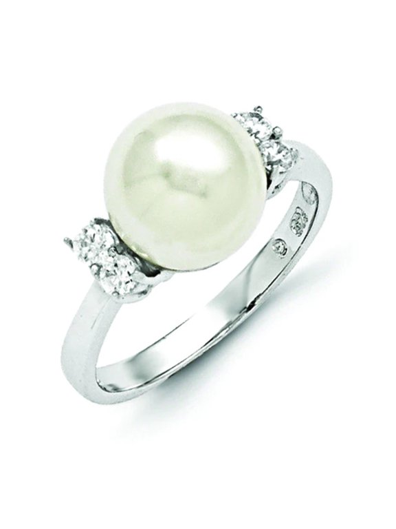 Majestik Sterling Silver Rhodium-plated Size 6 10-11mm White Shell Pearl and CZ Ring