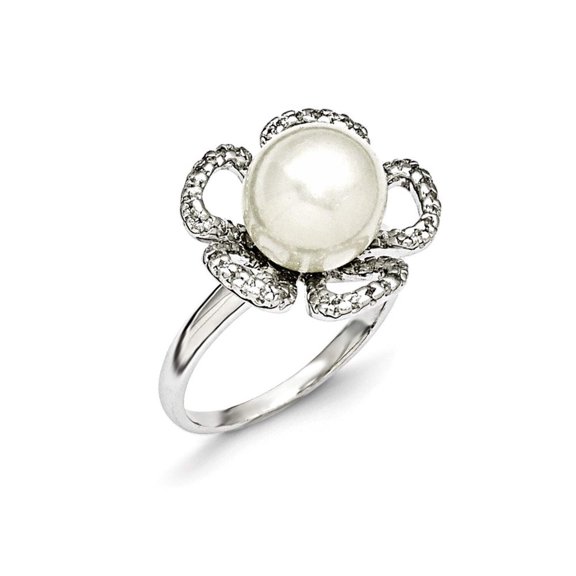 Majestik Sterling Silver  10-11mm White Shell Bead & CZ Ring