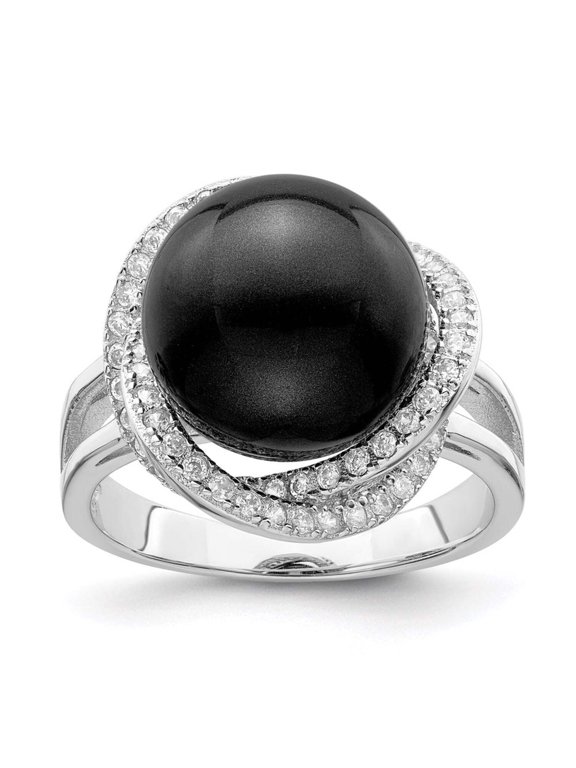 Sterling Silver Majestik 12-13mm Black Shell Pearl & CZ Ring