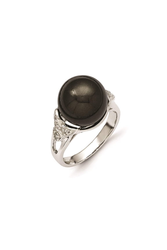 Majestik Sterling Silver  12-13mm Black Shell Bead & CZ Ring