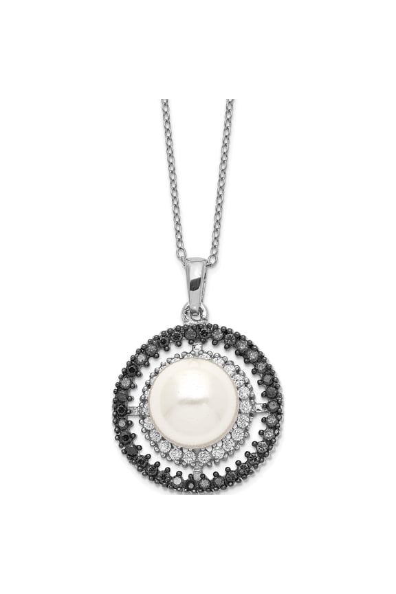 Sterling Silver Majestik Rhod-Plated 10-11mm Shell Blk/Wht Cz Necklace (17 X 20.3) Made In China qmjn111w-17