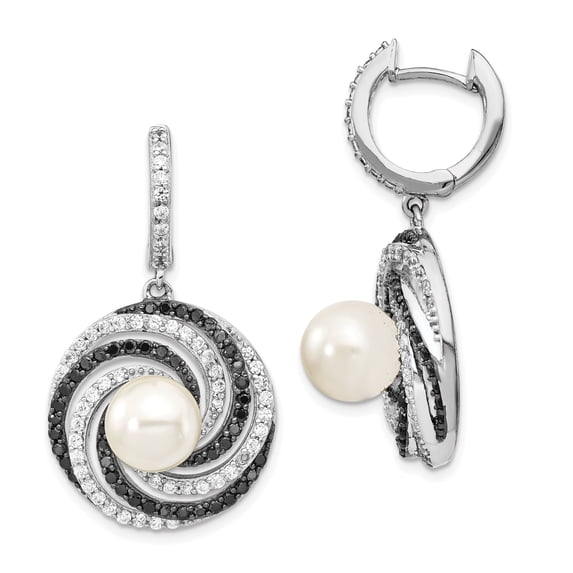 Sterling Silver Majestik Rhodium-plated 8-9mm Shell Black and White Cubic Zirconia Earrings