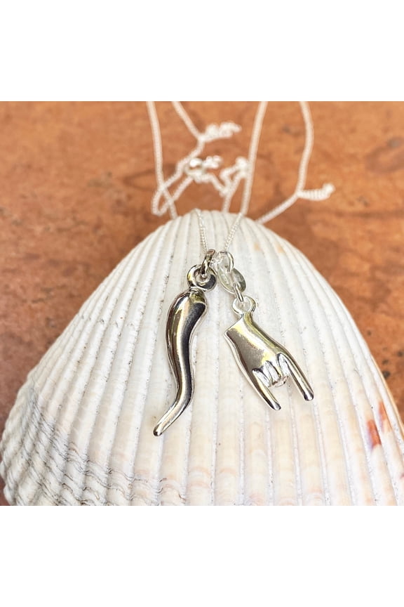Sterling Silver Mano Cornuto + Italian Horn Pendants Chain Necklace