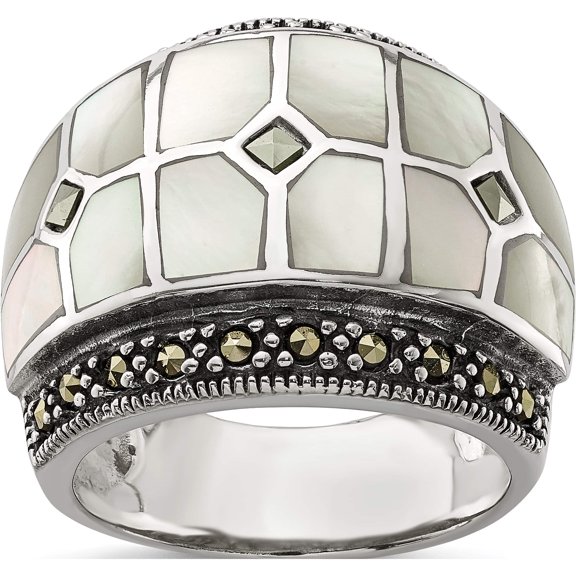 Sterling Silver Marcasite & Mother Of Pearl Ring (Size 7) Made In Thailand qr1471-7