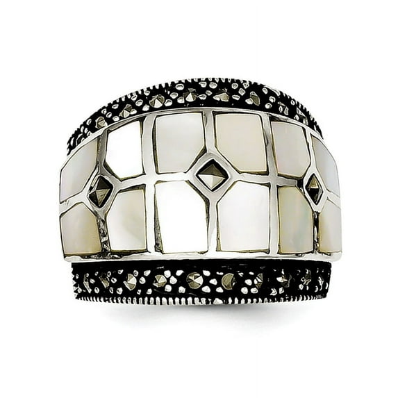 925 Sterling Silver Textured Polished Marcasite and Simulated Mother of Pearl Ring Size 7 - Ring for Women