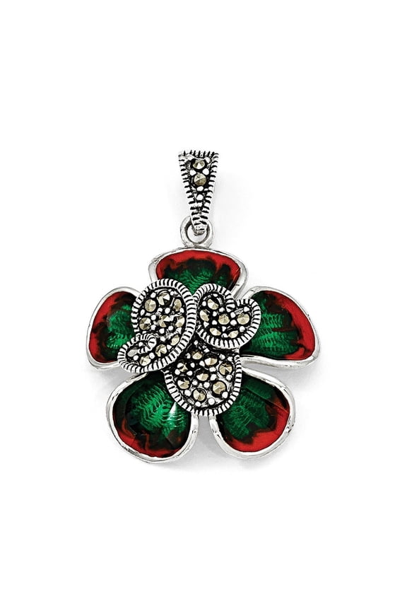 Sterling Silver Marcasite and Enamel Flower Pendant - Measures 22x24mm Wide