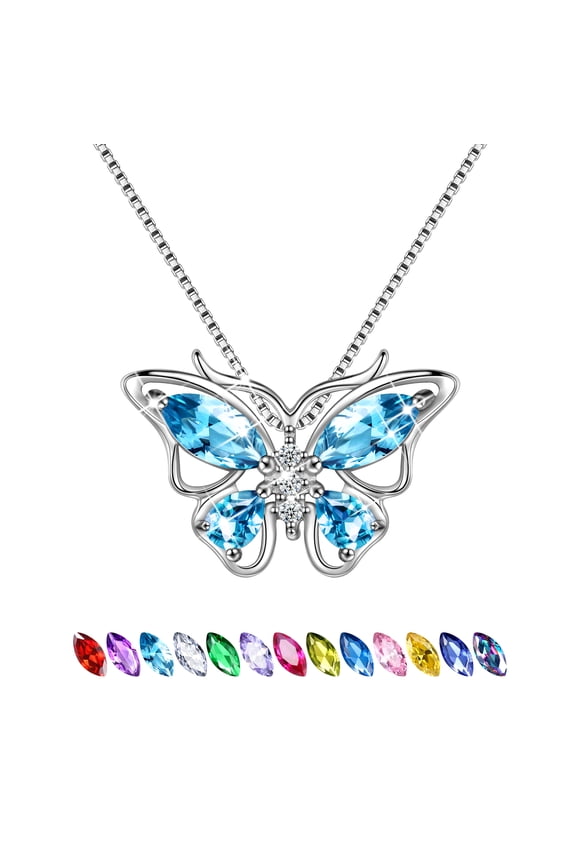 March Birthstone Necklace Aquamarine Blue Butterfly Pendant 925 Sterling Silver Women Jewelry Birthday Valentines Gift for Wife Mother Grandma