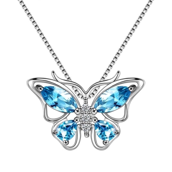 Juwaliy March Birthstone Necklace Aquamarine Blue Butterfly Pendant 925 Sterling Silver Women Jewelry Birthday Valentines Gift for Wife Mother Grandma