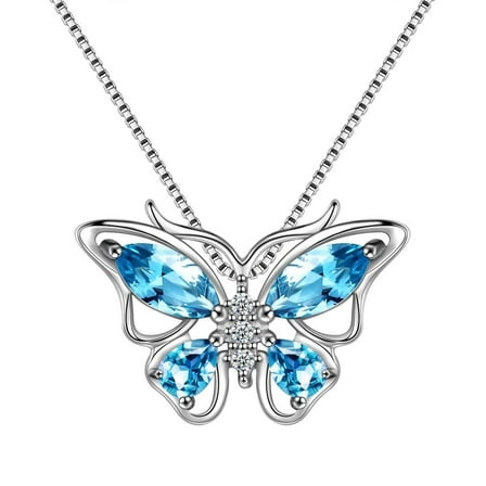Juwaliy March Birthstone Necklace Aquamarine Blue Butterfly Pendant 925 Sterling Silver Women Jewelry Birthday Valentines Gift for Wife Mother Grandma