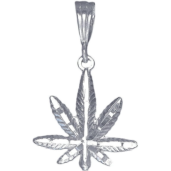 Sterling Silver Marijuana Leaf Charm Pendant Necklace with Diamond Cut Finish and 24 Inch Figaro Chain