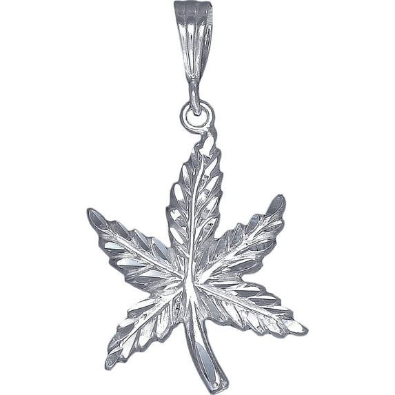 Sterling Silver Marijuana Leaf Charm Pendant Necklace with Diamond Cut Finish and 24 Inch Figaro Chain