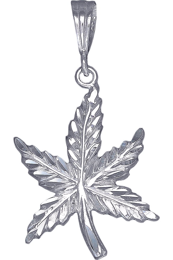 Sterling Silver Marijuana Leaf Charm Pendant Necklace with Diamond Cut Finish and 24 Inch Figaro Chain