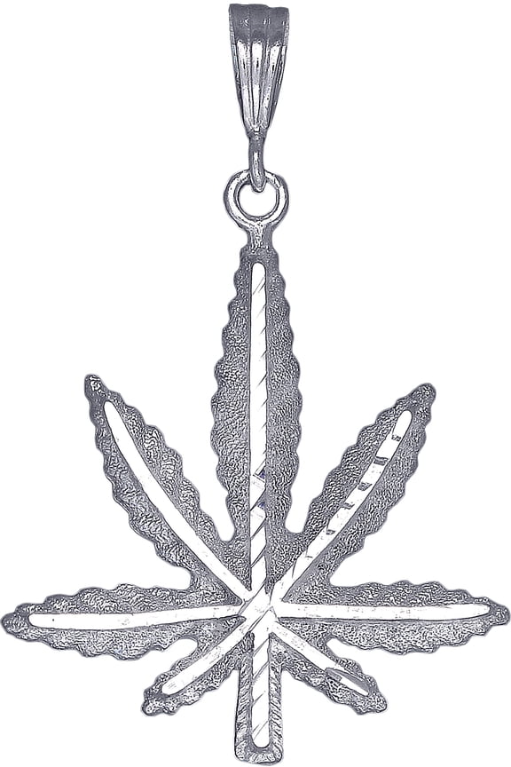 Sterling Silver Marijuana Leaf Charm Pendant Necklace with Diamond Cut Finish and 24 Inch Figaro Chain