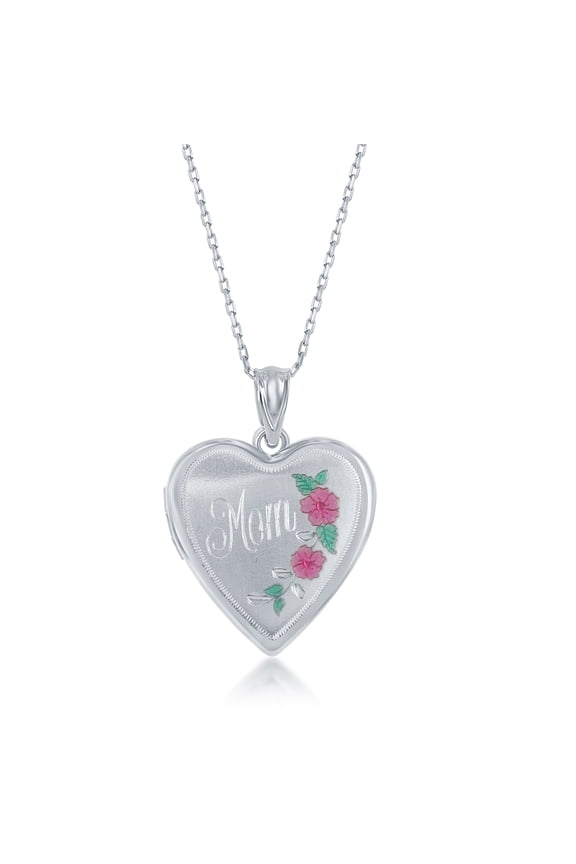 Sterling Silver Matte Finished Laser Engraved Mom Flower Design Heart Locket 18 Pendant Necklace