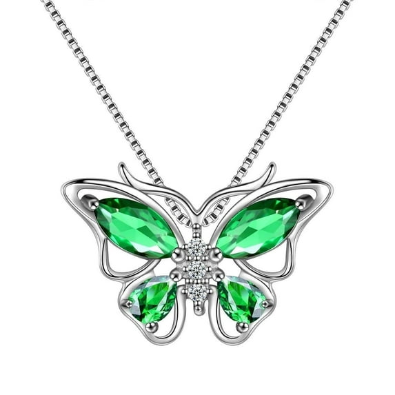 Juwaliy May Birthstone Necklace Emerald Green Butterfly 925 Sterling Silver Pendant Jewelry Women Christmas Birthday Mother's Day Gift for Mom Grandma