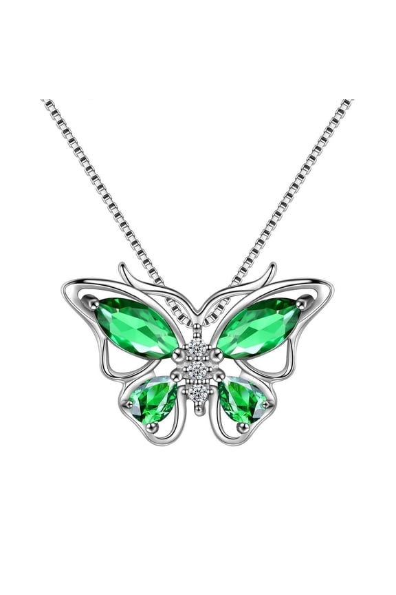 May Birthstone Necklace Emerald Green Butterfly 925 Sterling Silver Pendant Jewelry Women Christmas Birthday Mother's Day Gift for Mom Grandma