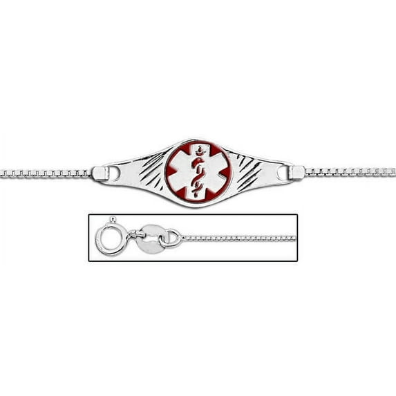 Sterling Silver Medical ID Ankle Bracelet W/ Box Chain W/ Red Enamel - 7 Inch