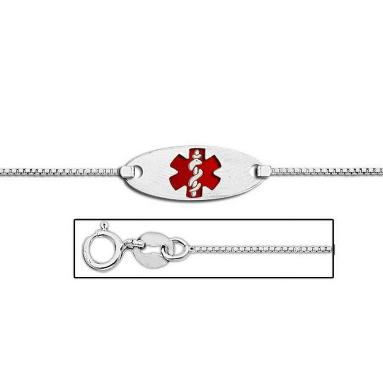 Sterling Silver Medical ID Ankle Bracelet W/ Box Chain W/ Red