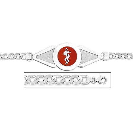 Sterling Silver Medical ID Bracelet W/ Curb Chain W/ Red Enamel - 7-1/2 Inch