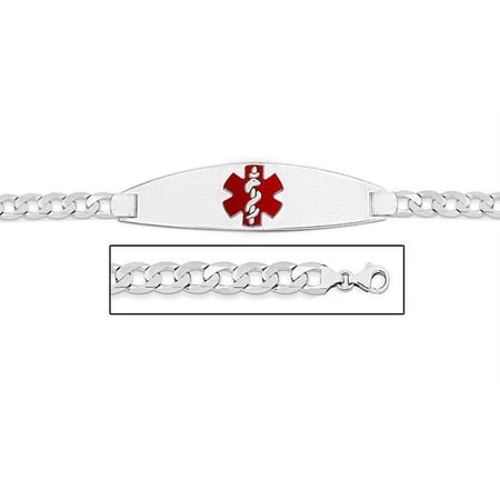 Sterling Silver Medical ID Bracelet W/ Curb Chain W/ Red Enamel - 7-1/2 Inch
