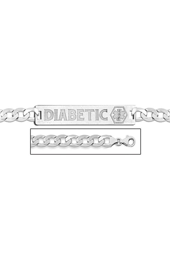 Sterling Silver Medical ID Diabetic Bracelet W/ Curb Chain - 7-1/2 Inch