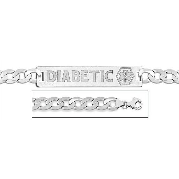 Sterling Silver Medical ID Diabetic Bracelet W/ Curb Chain - 8 Inch