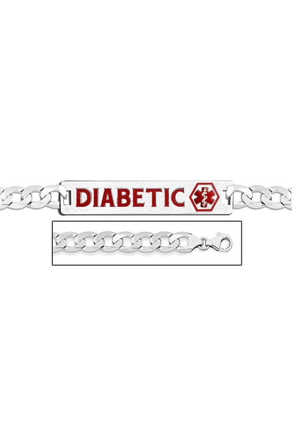 Sterling Silver Medical ID Diabetic Bracelet W/ Curb Chain W/ Red - 8-1/2