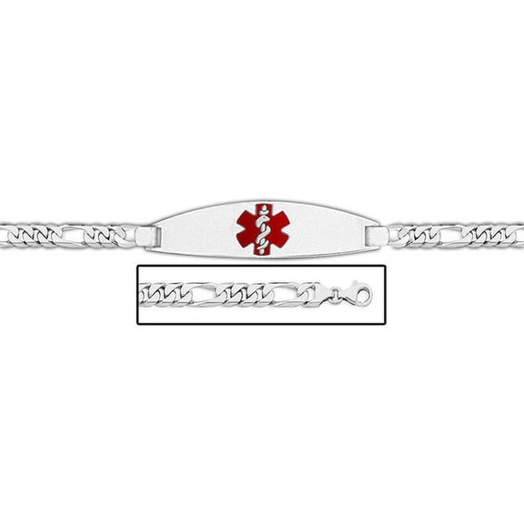 Sterling Silver Medical ID Figaro Chain W/ Red Enamel Bracelet - 8-1/2