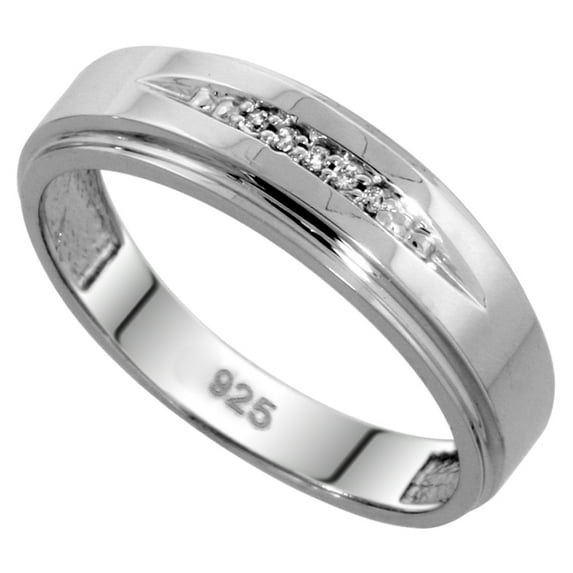 Sterling Silver Men's Diamond Wedding Band Rhodium finish, 1/4 inch wide, Size 11.5