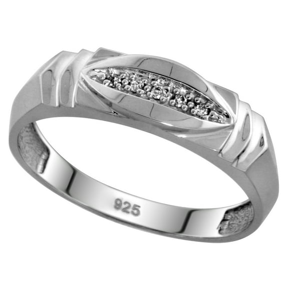 Sterling Silver Men's Diamond Wedding Band Rhodium finish, 1/4 inch wide, Size 8