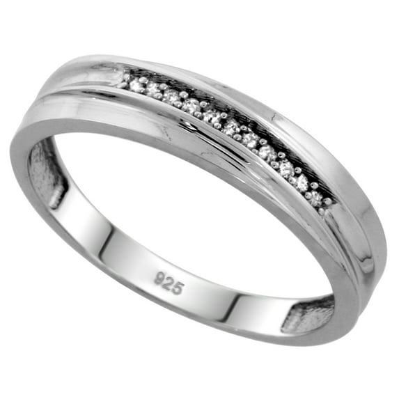 Sterling Silver Men's Diamond Wedding Band Rhodium finish, 3/16 inch wide, Size 11