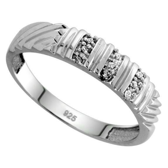 Sterling Silver Men's Diamond Wedding Band Rhodium finish, 3/16 inch wide, Size 8