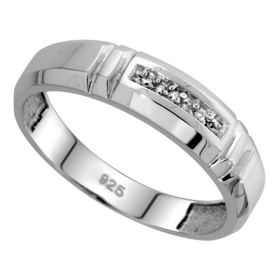 Sterling Silver Men's Diamond Wedding Band Rhodium finish, 7/32 inch wide, Size 11