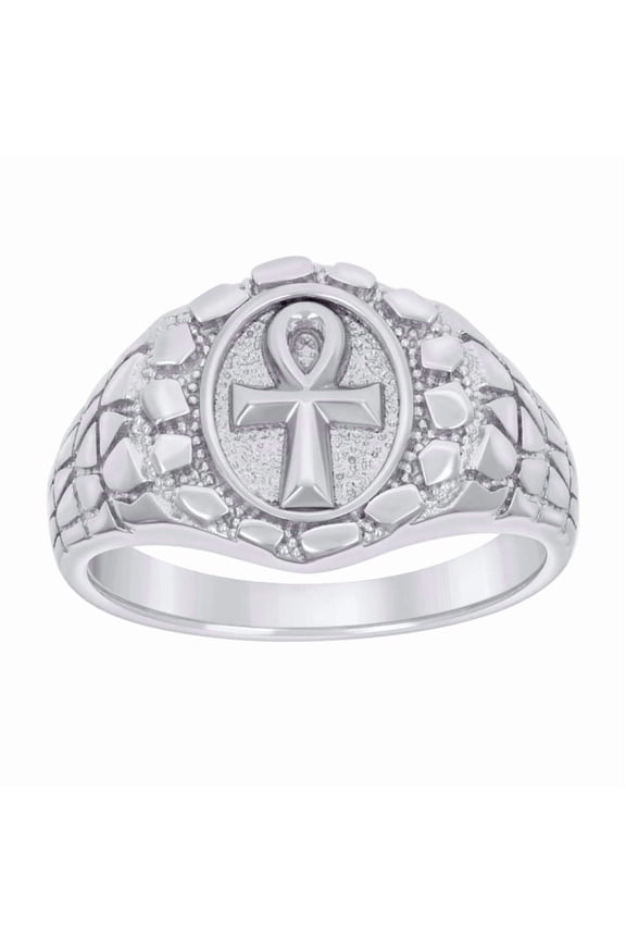Sterling Silver Men's Nugget Egyptian Ankh Cross Religious Bridal Anniversary Wedding Engagement Band Ring Size 9